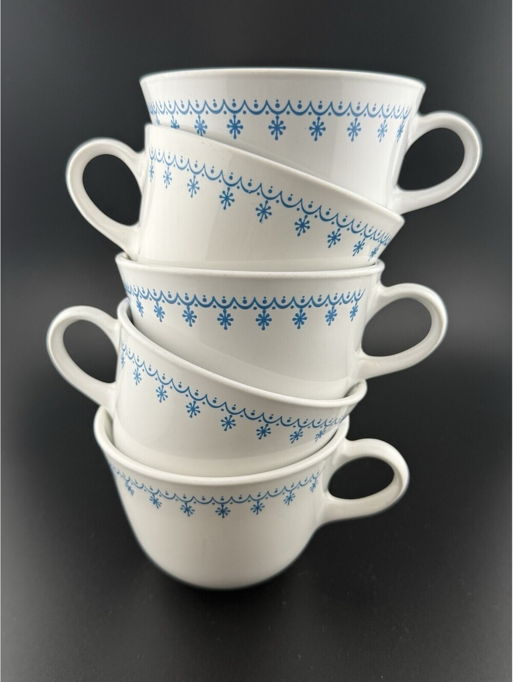 Vintage Corelle Livingware by Corning Snowflake Blue Coffee Cups Mugs Set Of 5